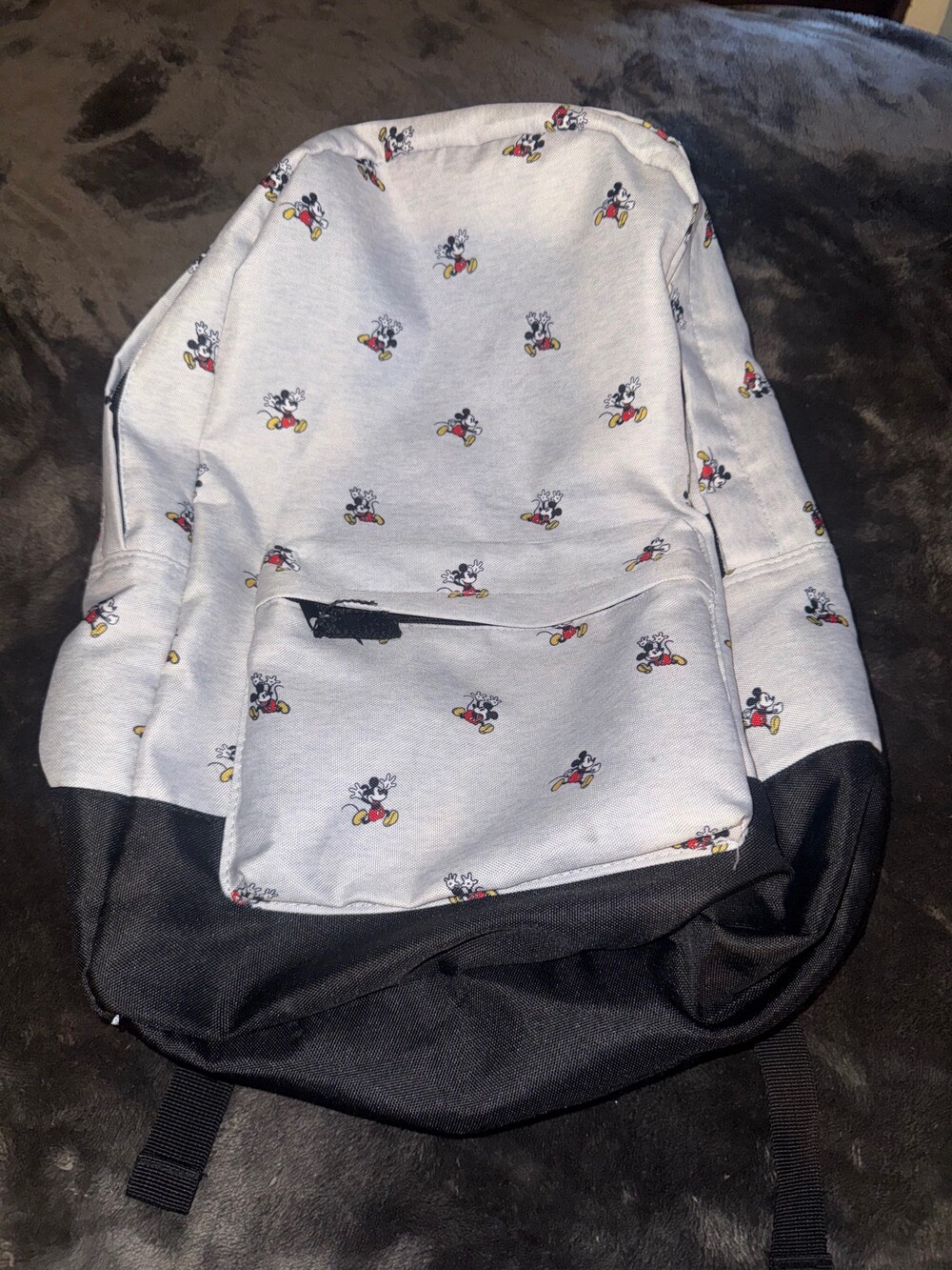 Disney Mickey Mouse Print Backpack Light Gray Black Bottom Adjustable Straps
